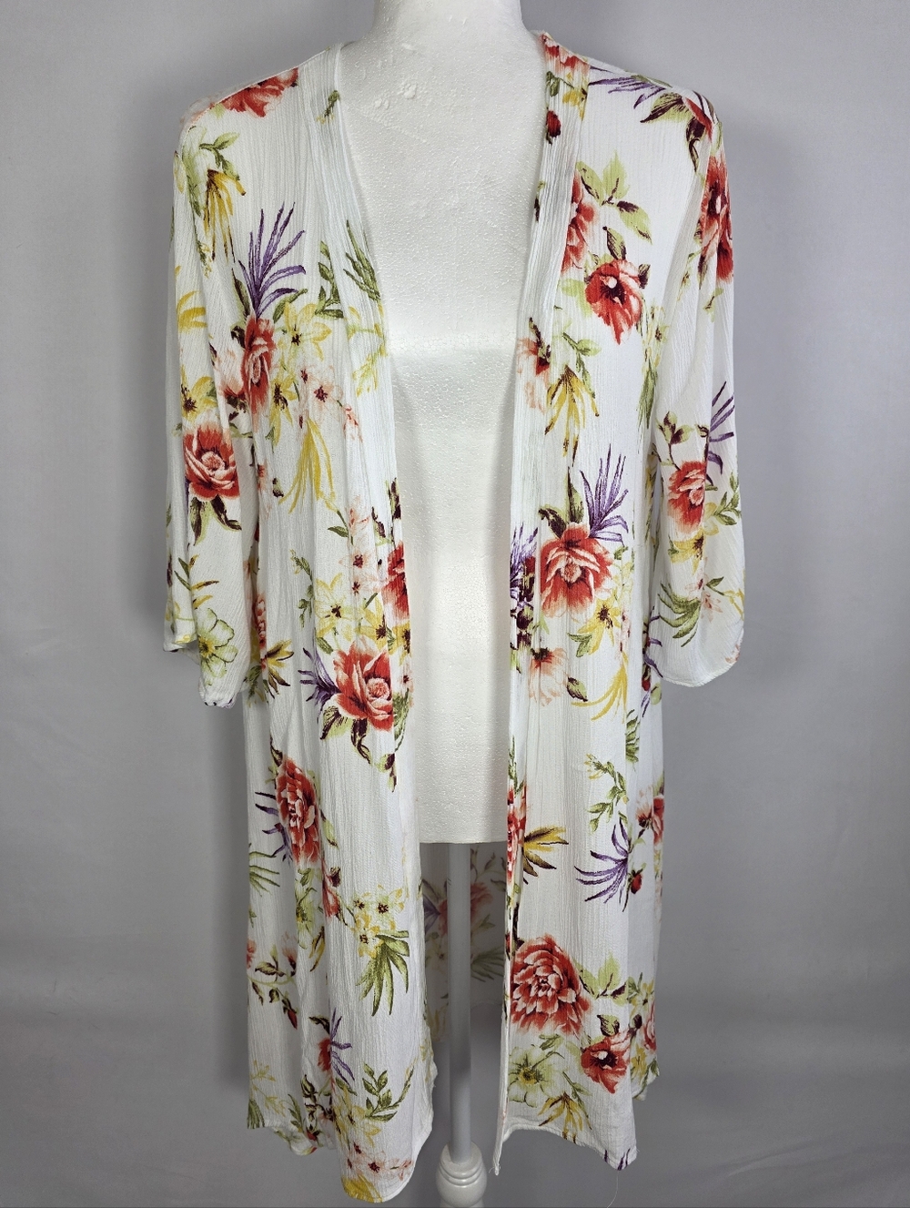 Iris Floral Kimono Cardigan White Boho Lightweight Duster Small